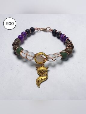 Gold Fox Charm Beaded Bracelet with Purple, Green and Clear Accent Beads